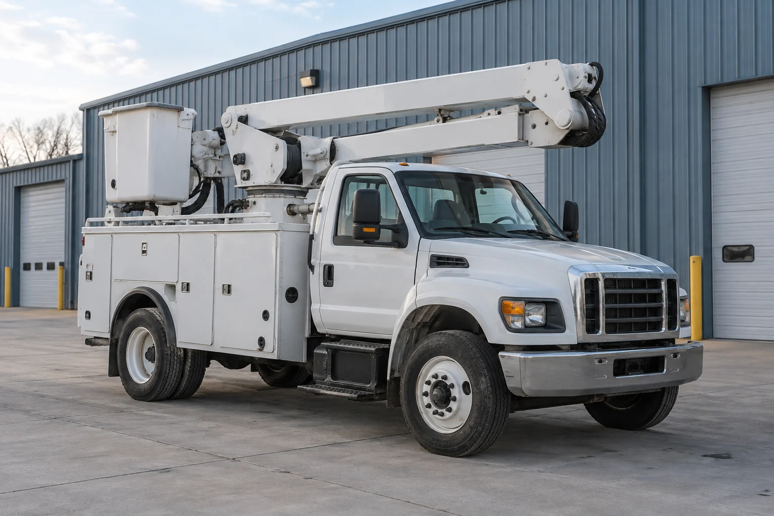 White utility bucket truck with its aerial boom stowed