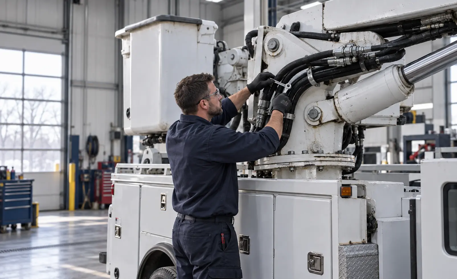 Technician repairing hydraulic components at the base of a bucket truck boom